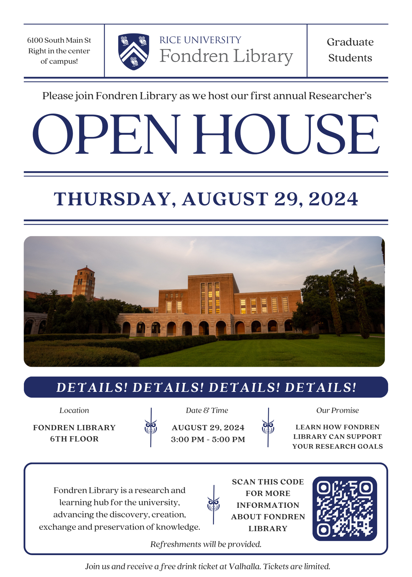 Fondren Library's Graduate Student Open House Flyer