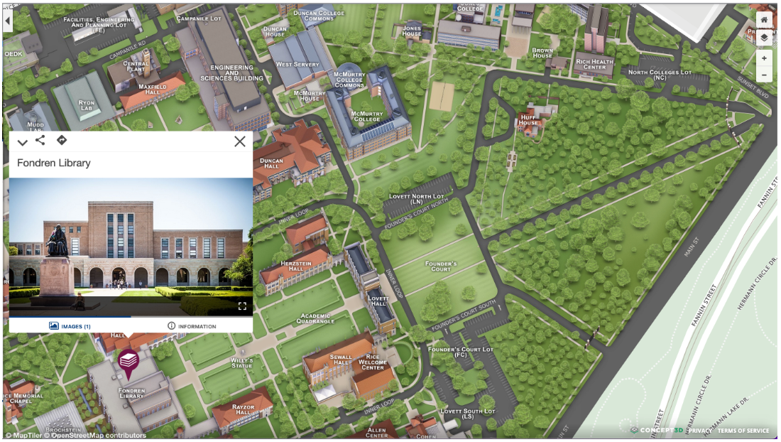 Rice Campus map highlighting Fondren Library