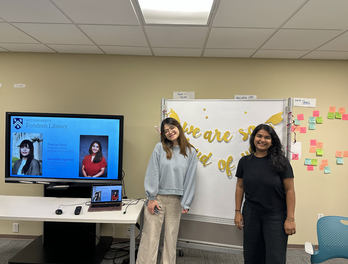 Tianran Zhou ‘23 and Anouska Agrawal ‘23, Fondren UX Office UX researchers celebrate finishing their Master of Human Factors and Human-Computer Interaction (MHCIHF) degrees at Rice. 