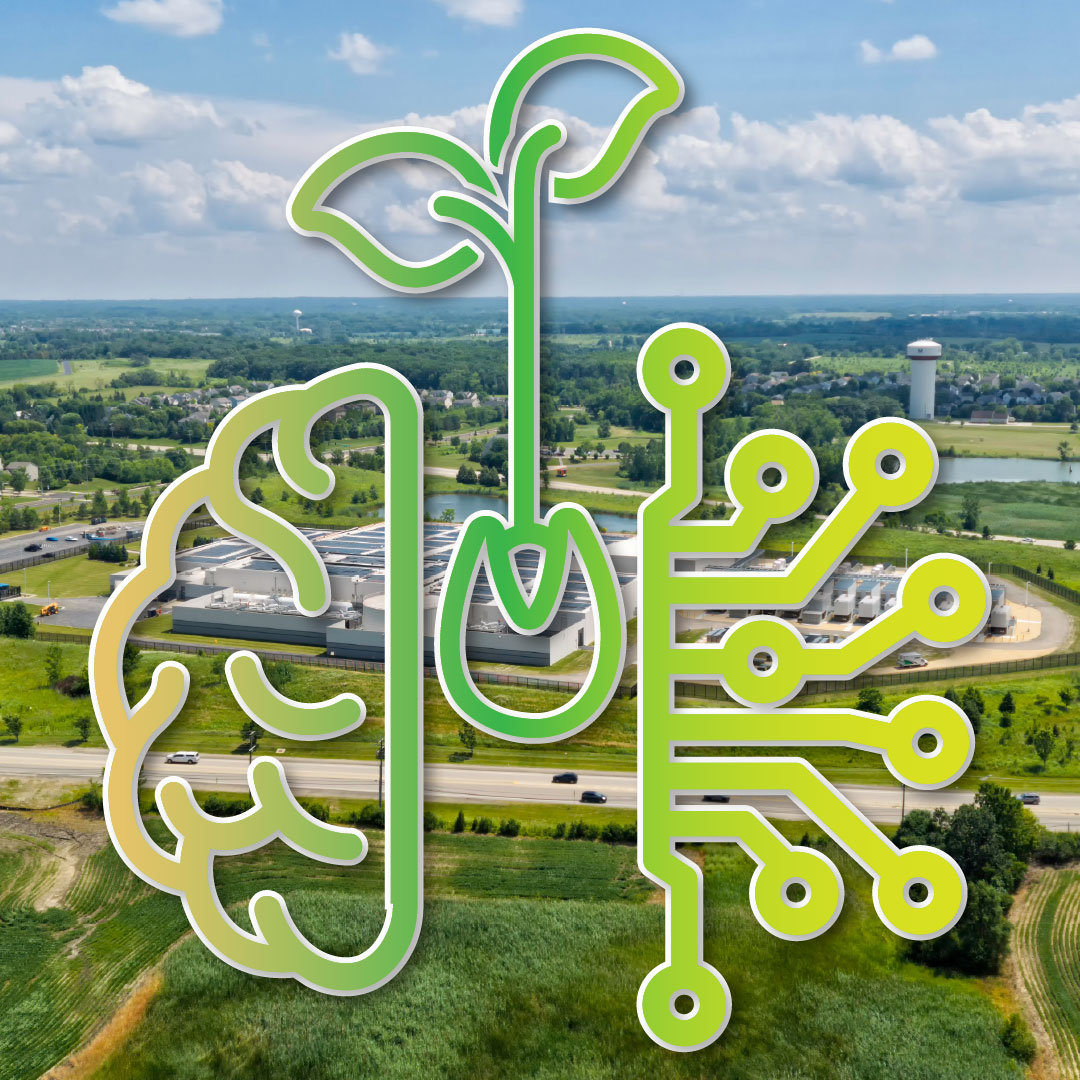 brain icon overlay with a data center in the background