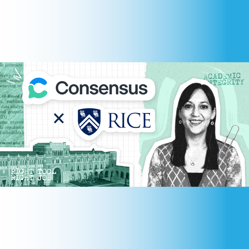 Hannah Edlund with the Rice and Consensus logos in front of Lovett Hall