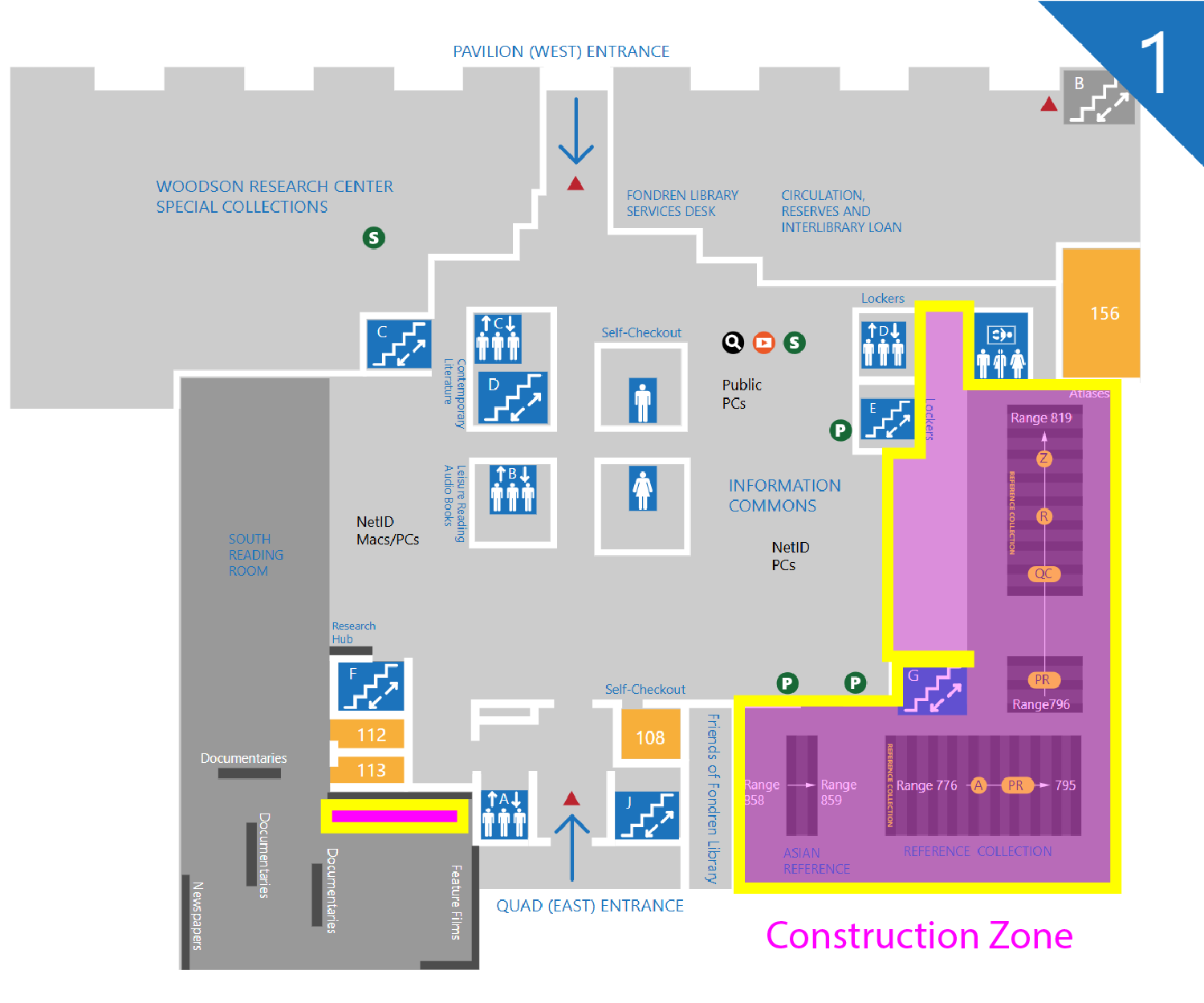 first floor plan with construction zone indicated in pink