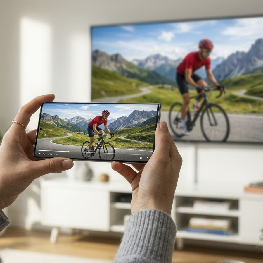 person holding a phone streaming a video of a cyclist to a wall mounted tv