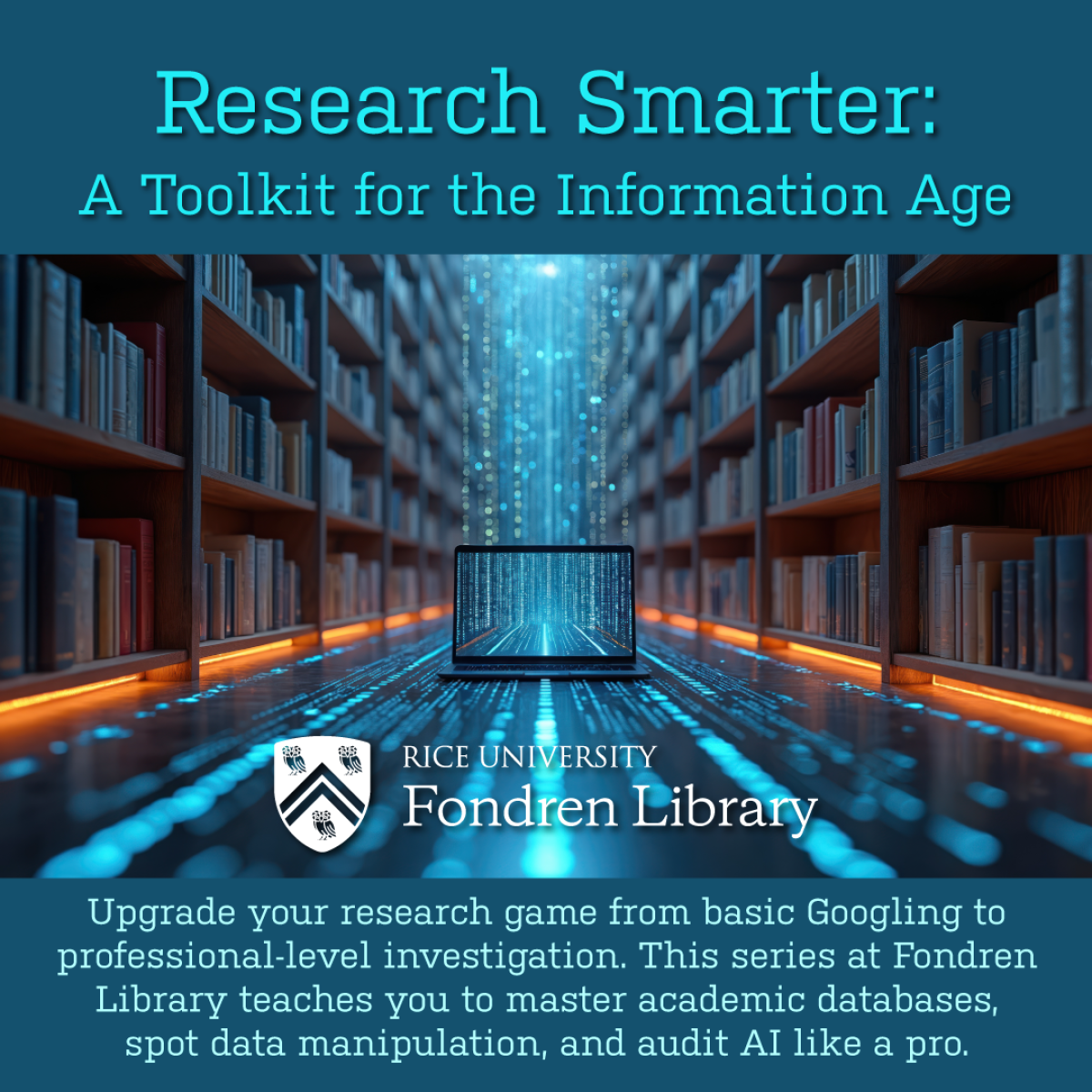 Computer sitting in library stacks with data flowing through its screen