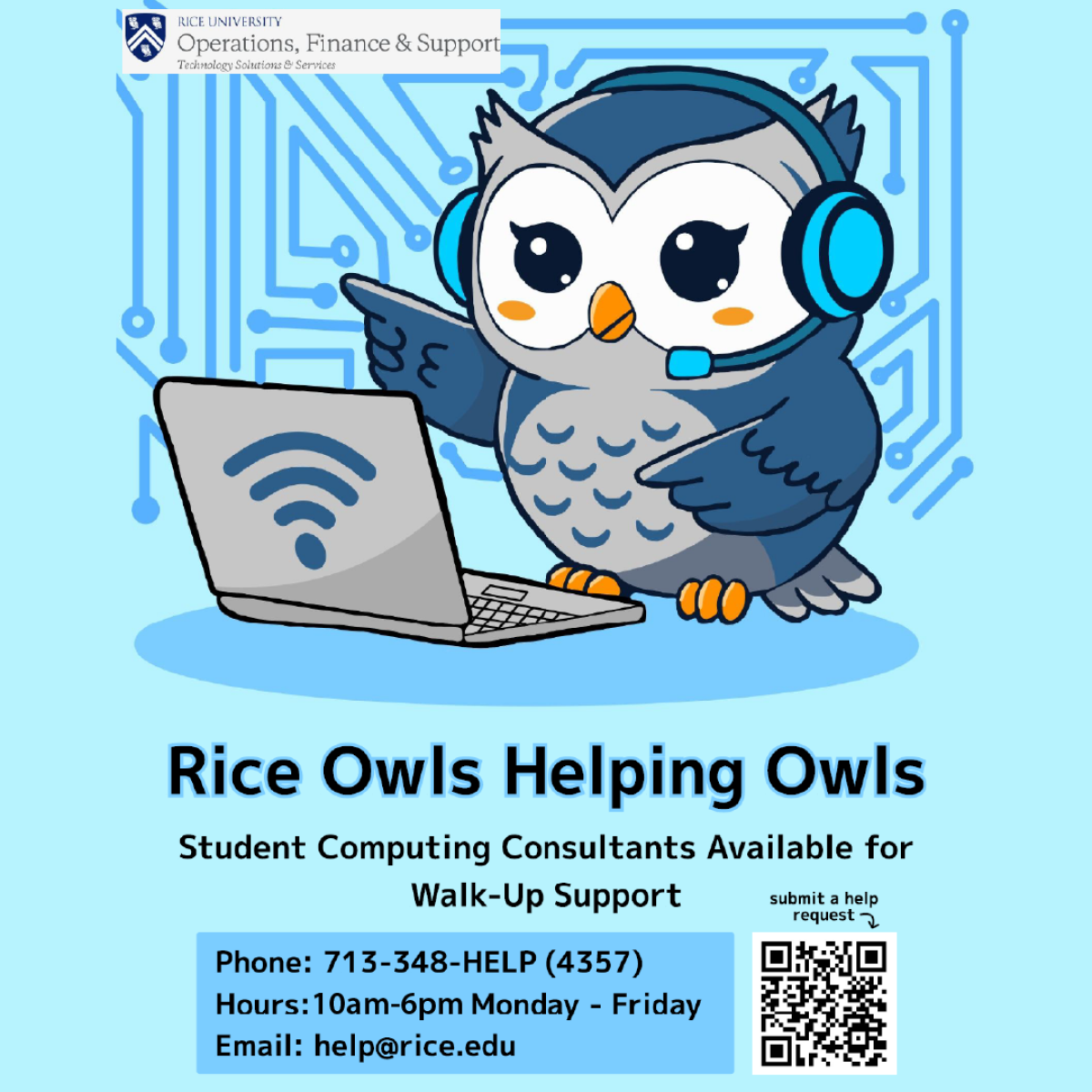 owl with headphones working on a laptop