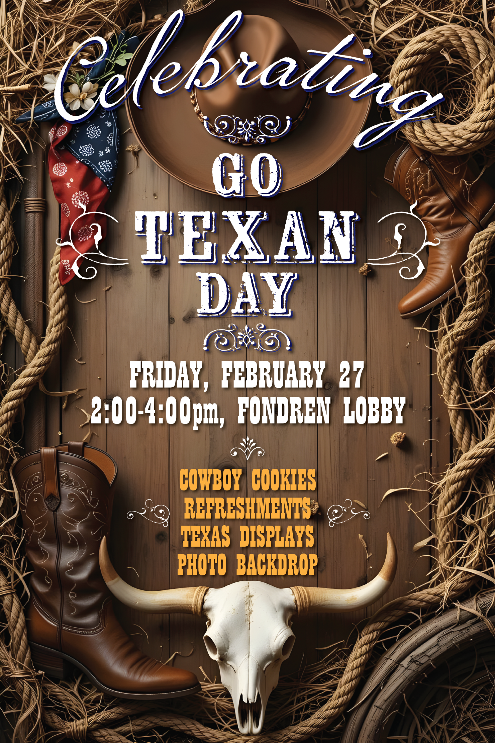 cowboy hat, boots and cow skull surrounded by rope