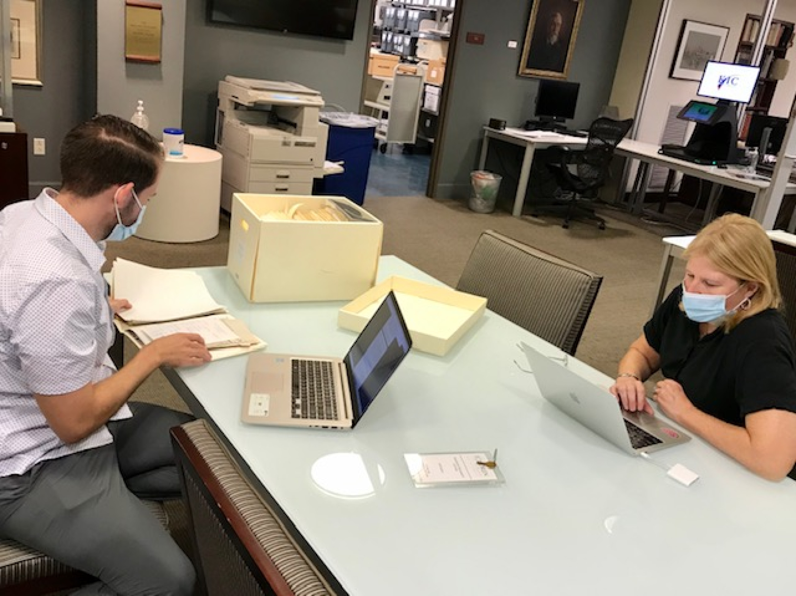 Historians Dr. Will Jones and Dr. Melissa Kean conducting research in support of the Rice University Task Force on Slavery, Segregation, and Racial Injustice