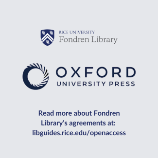 Fondren Library's logo and Oxford University Press logo. Text that reads: Read more about Fondren Library’s agreements at:  libguides.rice.edu/openaccess
