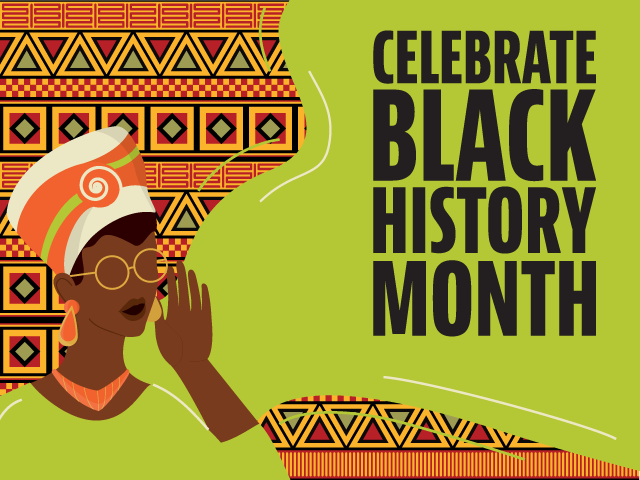 illustration of a woman in traditional African dress saying Celebrate Black History Month