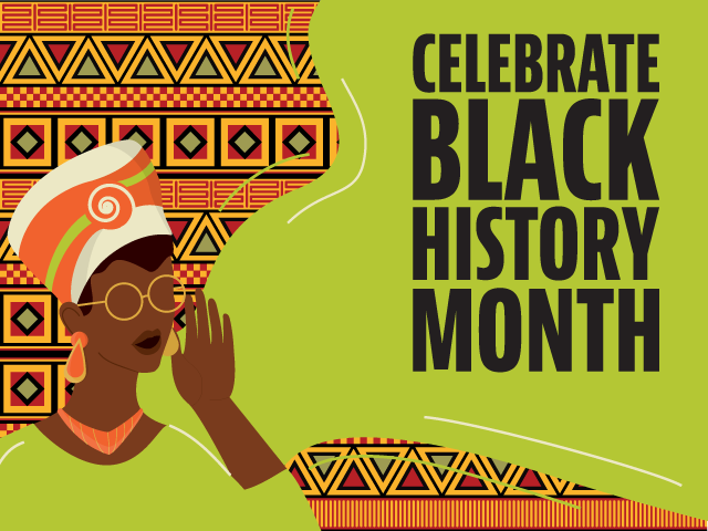 Celebrating Black History Month illustration of a woman in traditional African dress saying Celebrate Black History Month