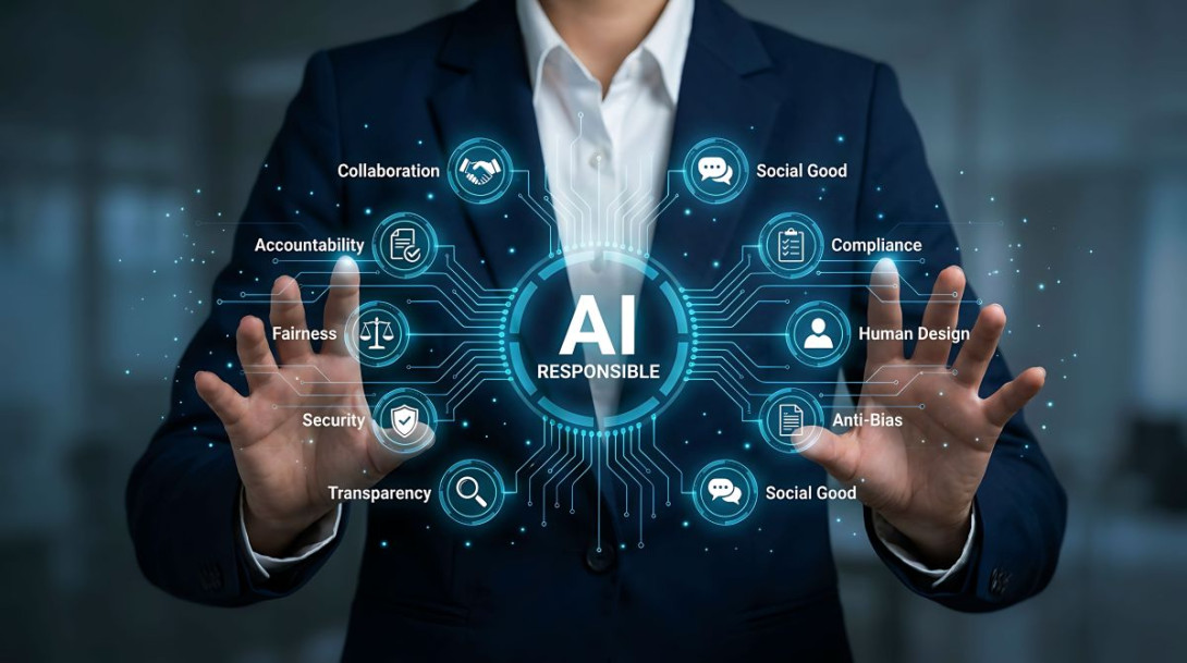 virtual connections of AI responsibility with a human touching key points