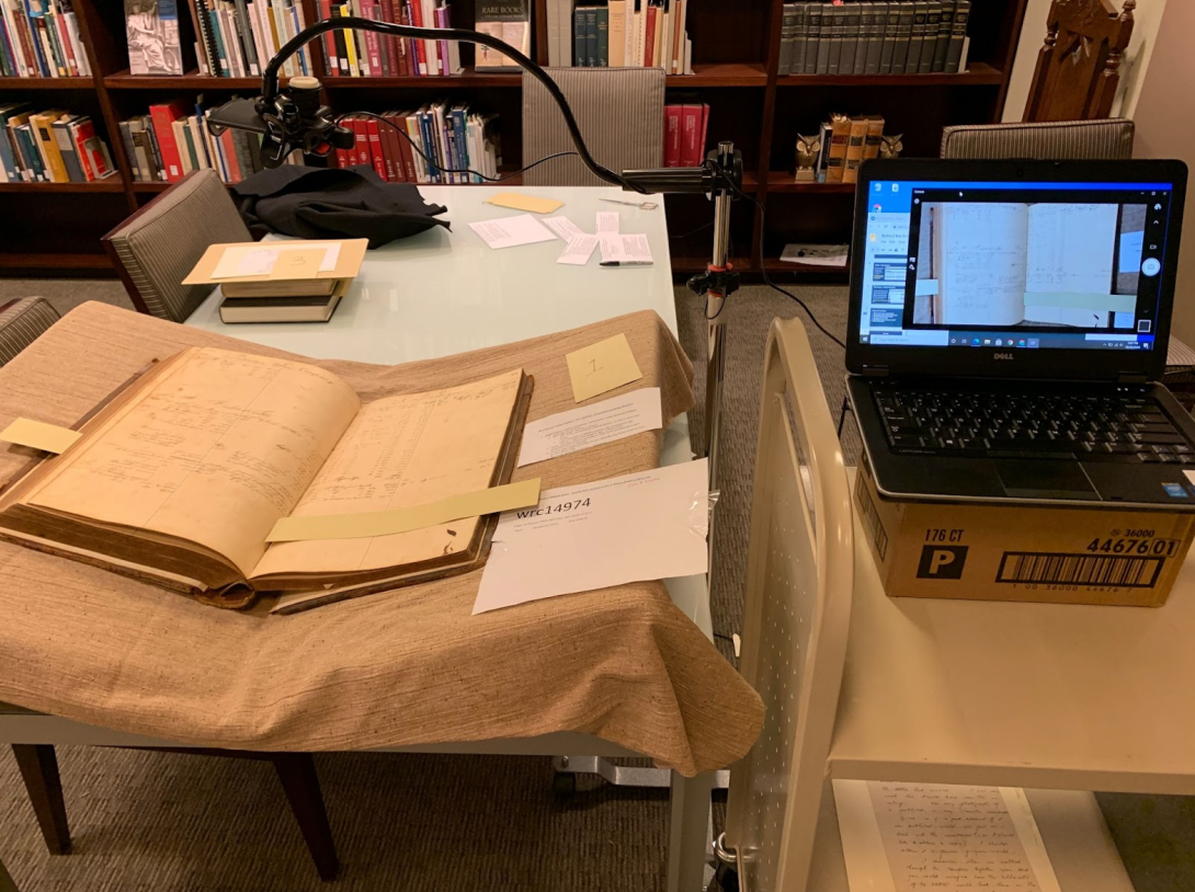 Woodson's virtual reading room setup, zoom camera on the archival materials